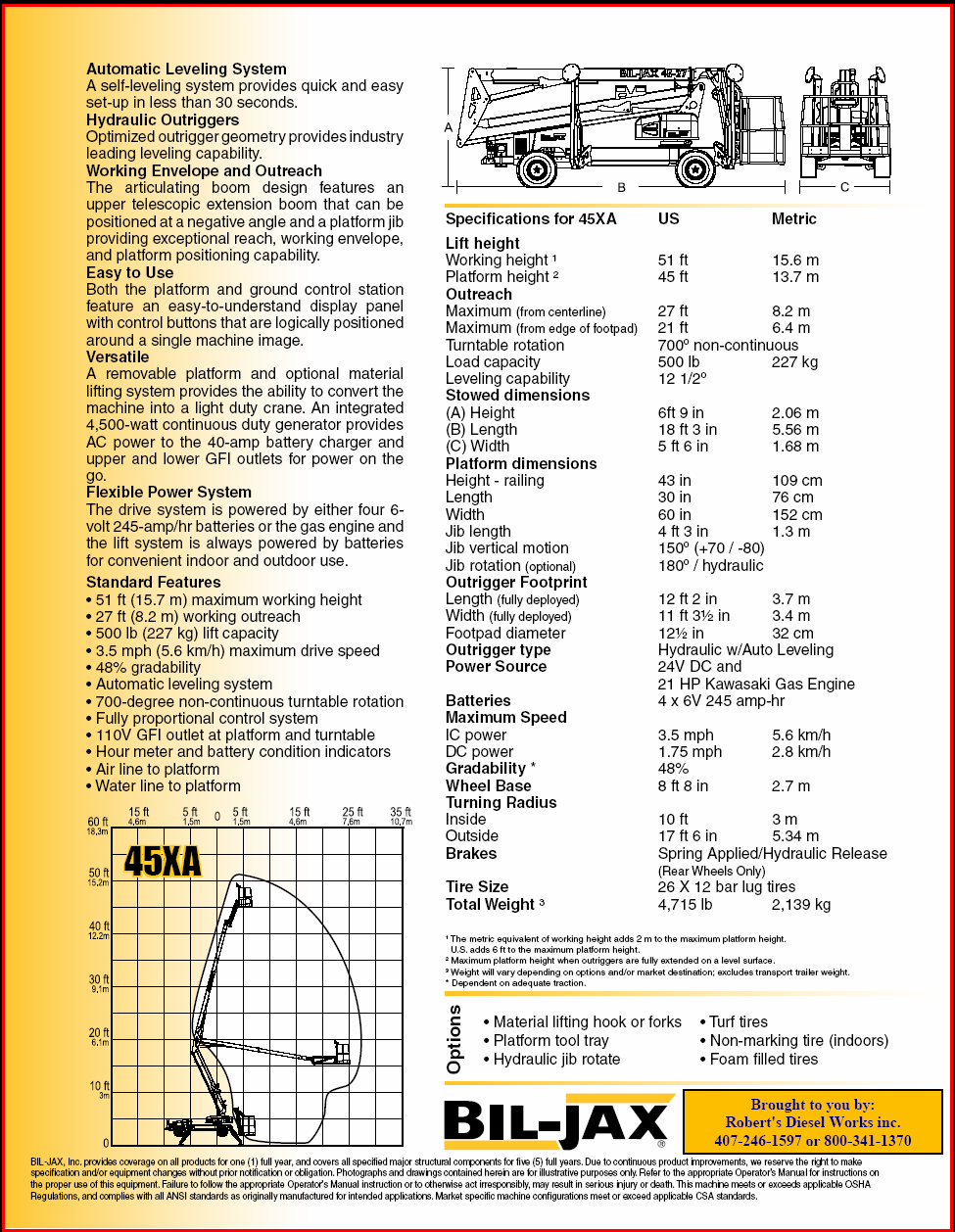 45XA Bil-Jax Aerial work platform information and lift chart.