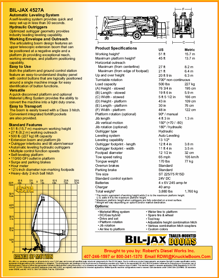 4527A Bil-Jax Aerial work platform information and lift chart.