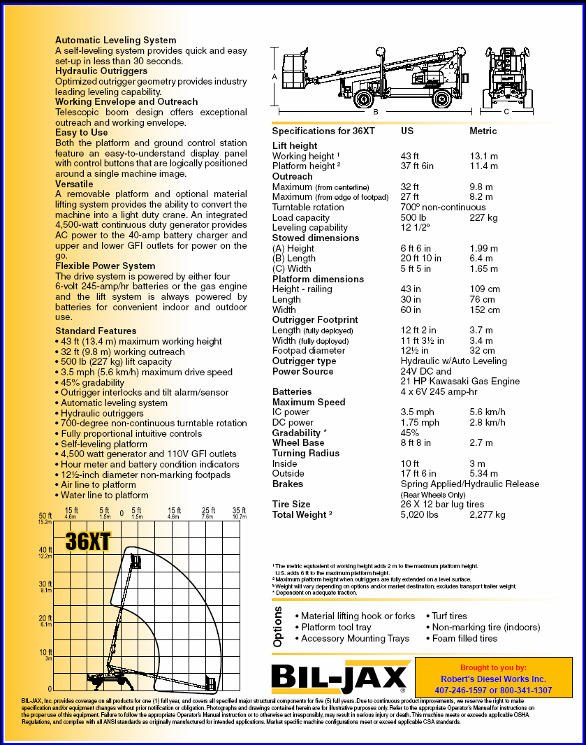36XT Bil-Jax Aerial work platform information and lift chart.