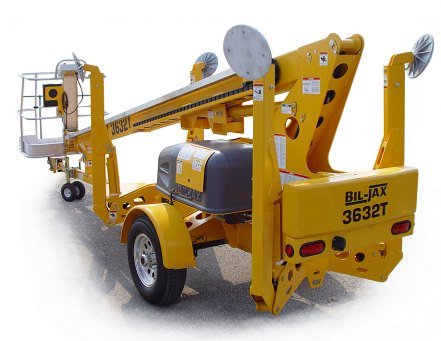Bil-Jax 3632T trailer-mounted telescopic boom lift, stowed