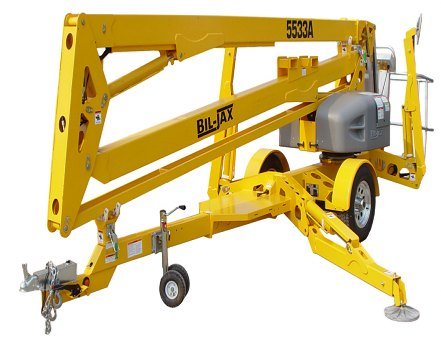 Bil-Jax 5533A trailer-mounted articulating boom lift, stowed